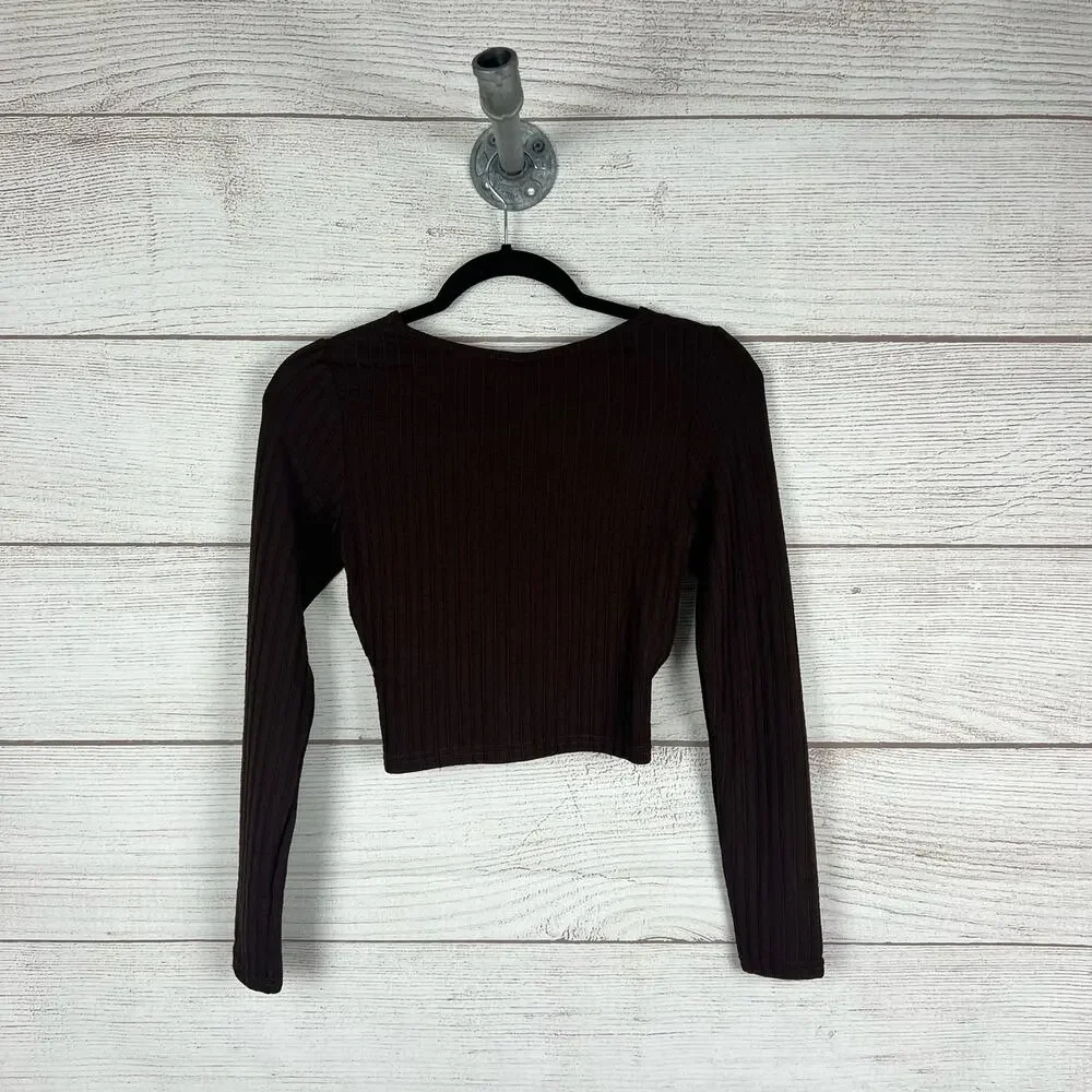 H&M Women's Brown Ribbed Long Sleeve Cut Out Cropped Top Size Small